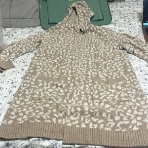 Rachel Zoe Hooded Cardigan Sweater Large - Open Tan White Leopard Print
